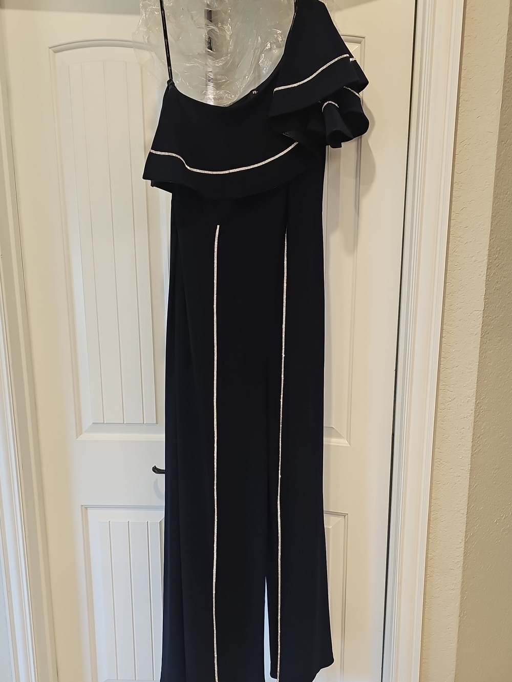 One-Shoulder Navy Jumpsuit with Ruffle and Rhinestone Piping Size 12